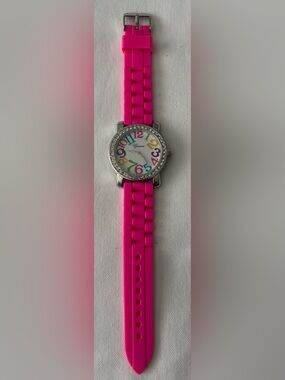 ⌚️$8 Geneva Quartz Hot Pink Silicone Rainbow Number Watch Rhinestone Accents
